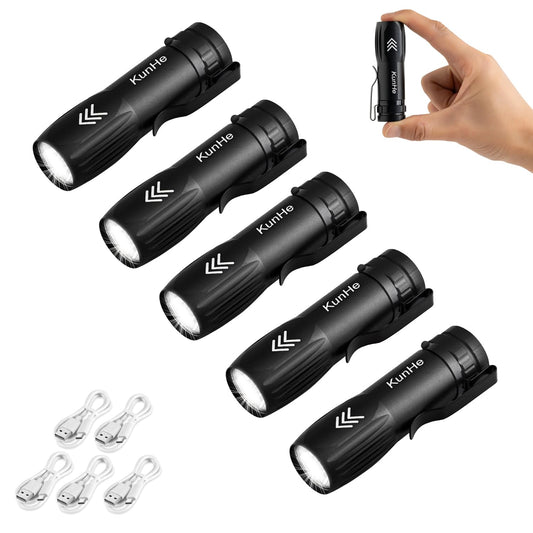 KunHe 5 Pack Small Rechargeable Flashlights Bulk USB-C Mini High Lumen Flashlight Clip-on Portable Pocket Flash Light for EDC Emergency Home Use