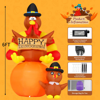 GOOSH 6 FT Thanksgiving Inflatables Turkey Outdoor Decorations Blow Up Yard Turkey on Pumpkin with Turkey Baby with Built-in LEDs for Indoor Party Garden Lawn Decor