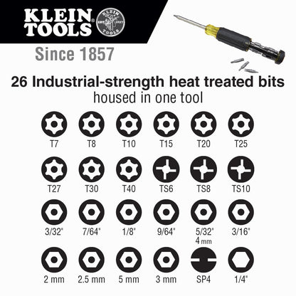 Klein Tools 32307 Multi-bit Tamperproof Screwdriver, 27-in-1 Tool with Torx, Hex, Torq and Spanner Bits with 1/4-Inch Nut Driver