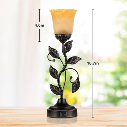 Kakanuo Touch Table Lamp Bedside Lamp Nightst Lamp USB Charging Ports for Living Room 3 Way Dimmable Traditional Leaf Lamp Retro Table Lamp for Bedroom Amber Glass Lampshade LED Bulb Included)