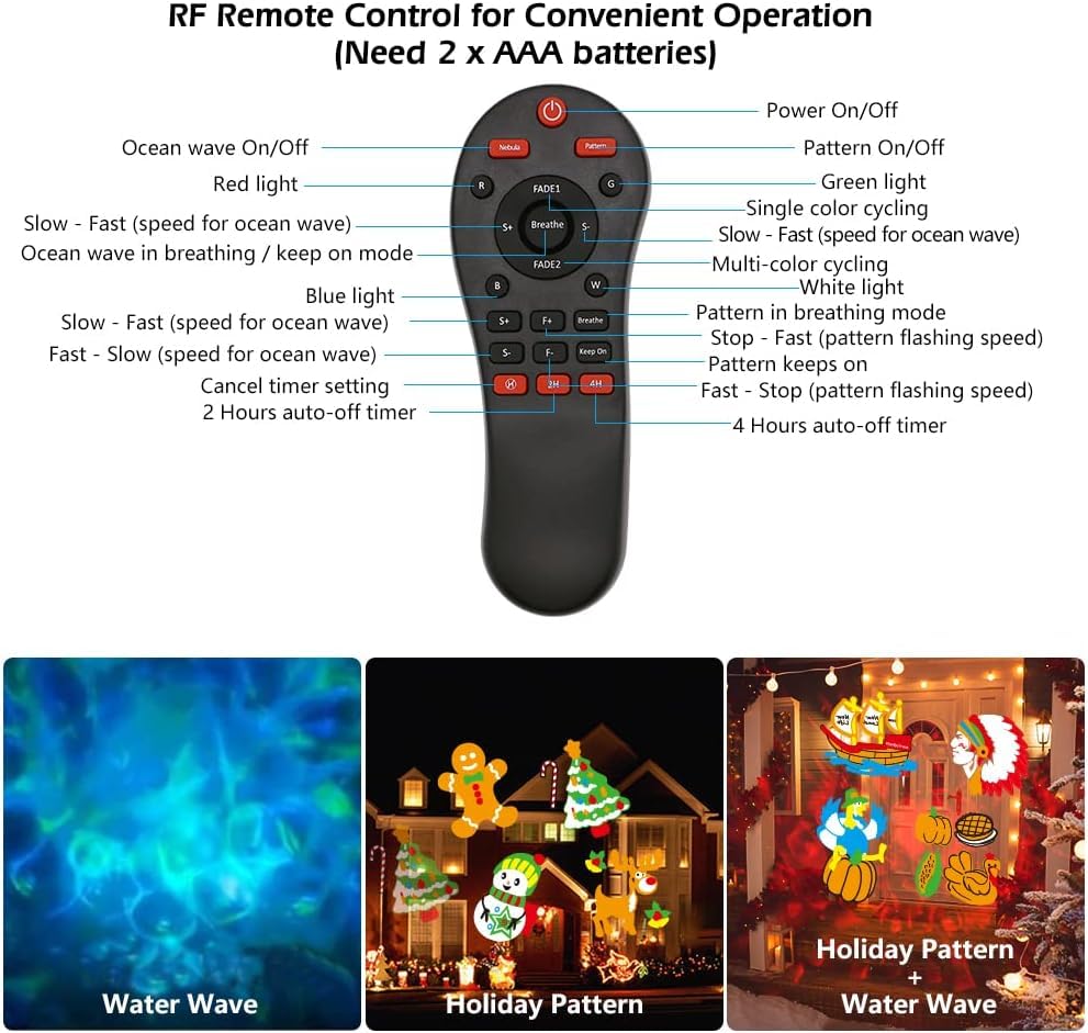 Halloween Slide Show Outdoor Holiday Projector, 2 in 1 Water Wave Outside Projector Lights Christmas with Dynamic 16 HD Patterns for House, Garden, Yard, Xmas, New Year, Thanksgiving Day