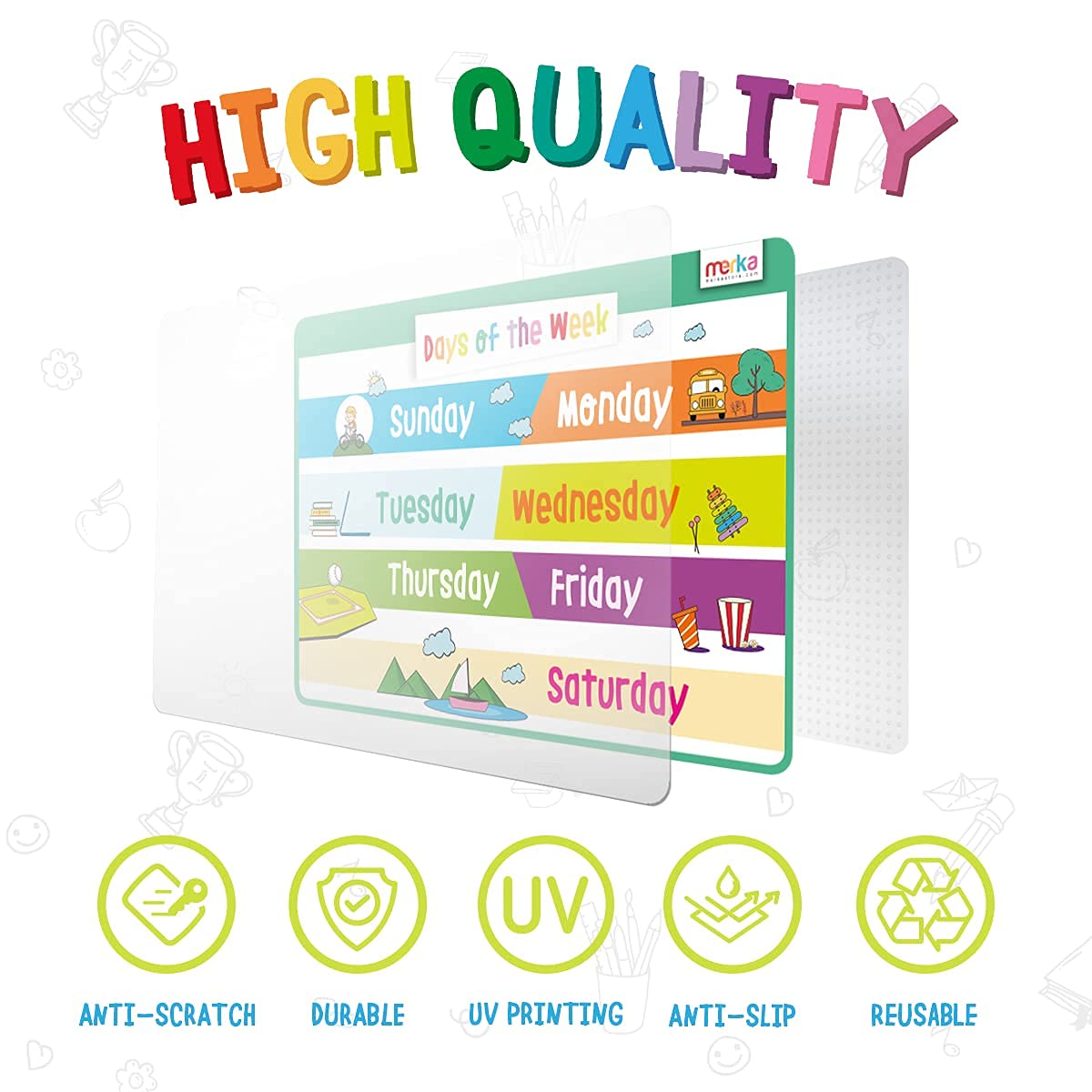 Educational Kids Placemats Set of 4: Opposites Days of the Week Months of the Year Learn to Count 1-100 - Bundle - Non Slip Washable