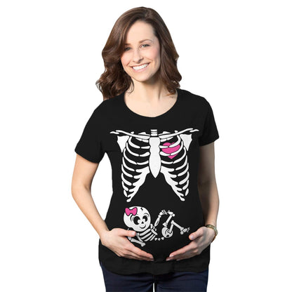 Crazy Dog Womens Maternity T Shirt Funny Skeleton It's A Girl Baby Annoucement Halloween Graphic Novelty Tee Cute Pregnancy Announcement Halloween Costume Black L