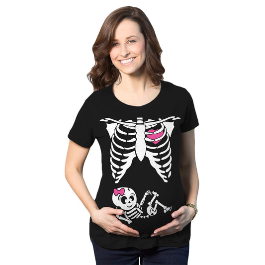 Crazy Dog Womens Maternity T Shirt Funny Skeleton It's A Girl Baby Annoucement Halloween Graphic Novelty Tee Cute Pregnancy Announcement Halloween Costume Black L