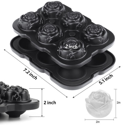 Ice Cube Tray, Mikiwon 2 inch Rose Ice Cube Trays With Covers, 6 Cavity Silicone Rose Ice Ball Maker, Easy Release Large Ice Cube Form for Chilled Cocktails, Whiskey, Bourbon & Homemade Juice Black