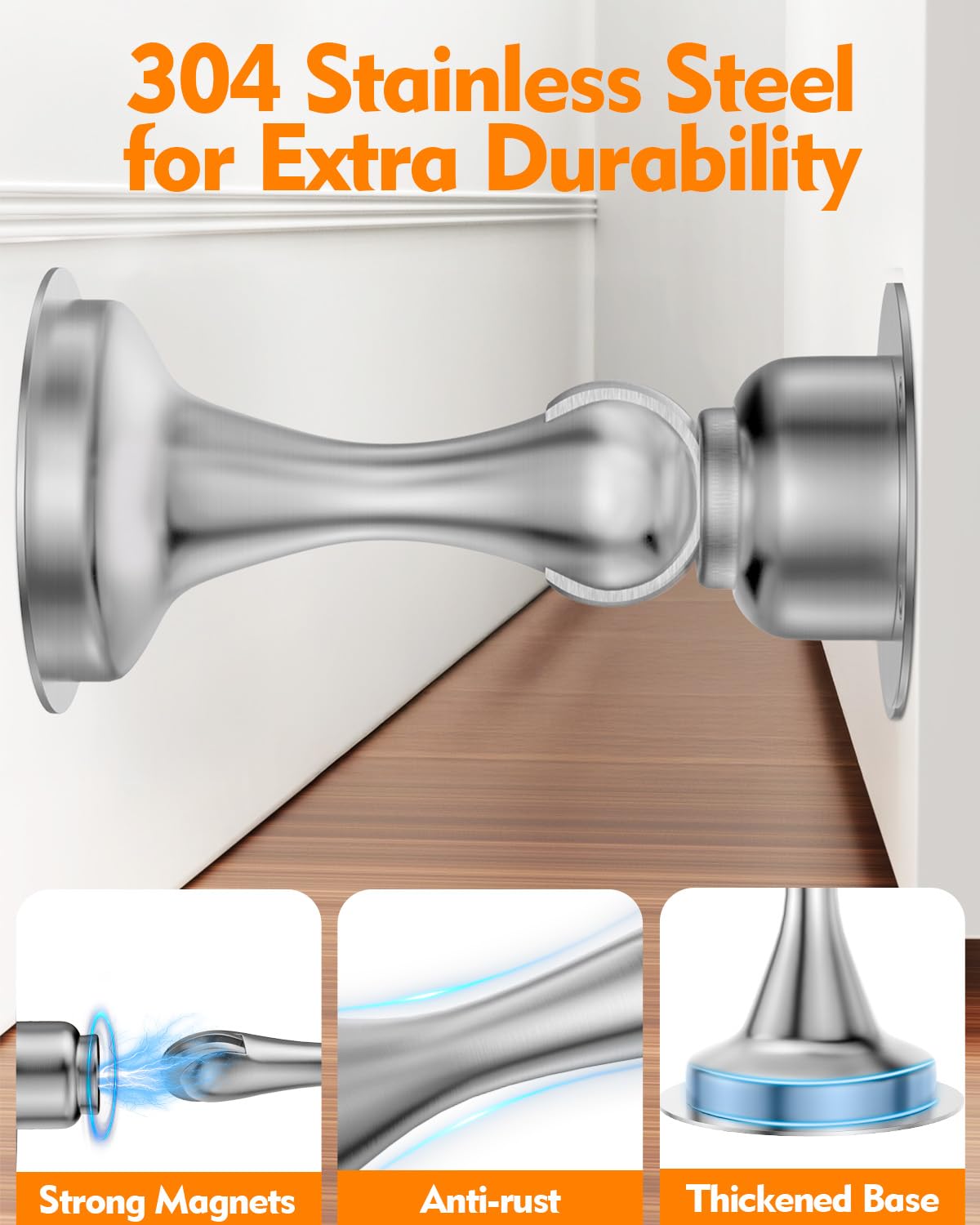Door Stoppers, Magnetic Door Stop, Stainless Steel, 2 Pack Magnetic Door Catch, Double-Sided Adhesive Tape, No Drilling, Screws for Stronger Mount, Hold Your Door Open, for Wide Doors