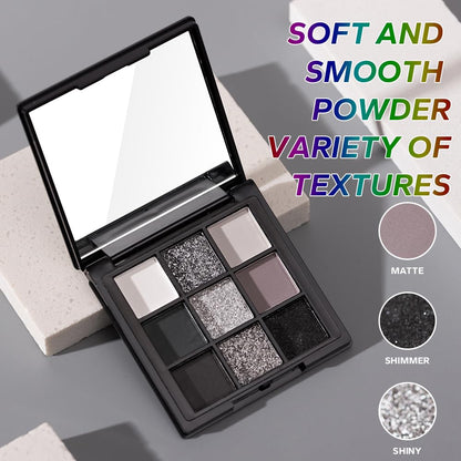 9 Color Smokey Eyeshadow Palette - Highly Pigmented Matte & Glitter Shades, Long-Lasting, Waterproof & Blendable, Black Silver Gray Eyeshadow Set for Sultry Glam (Reversal Star Smokey)