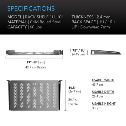 AC Infinity Vented Cantilever 1U Universal Rack Shelf, 10" Deep, for 19” Equipment Racks. Heavy-Duty 2.4mm Cold Rolled Steel, 60lbs Capacity