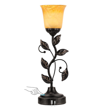 Kakanuo Touch Table Lamp Bedside Lamp Nightst Lamp USB Charging Ports for Living Room 3 Way Dimmable Traditional Leaf Lamp Retro Table Lamp for Bedroom Amber Glass Lampshade LED Bulb Included)