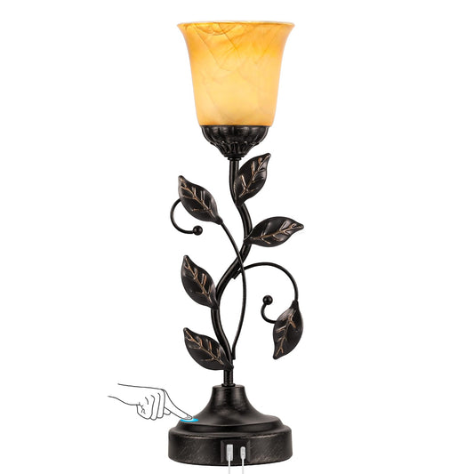 Kakanuo Touch Table Lamp Bedside Lamp Nightst Lamp USB Charging Ports for Living Room 3 Way Dimmable Traditional Leaf Lamp Retro Table Lamp for Bedroom Amber Glass Lampshade LED Bulb Included)