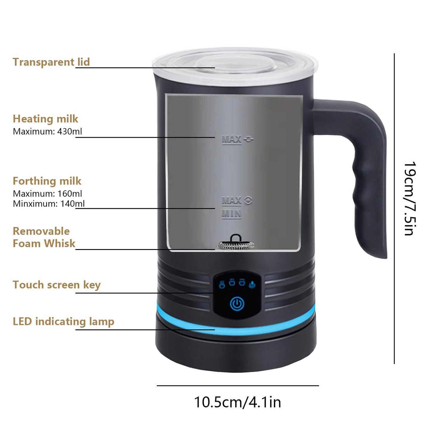 Electric Milk Frother, 4-in-1 Milk Frother and Milk Steamer, 430ml Automatic Hot & Cold Foam Maker, with Touch Screen, Perfect for Hot Chocolate, Lattes, Cappuccinos, and Macchiatos