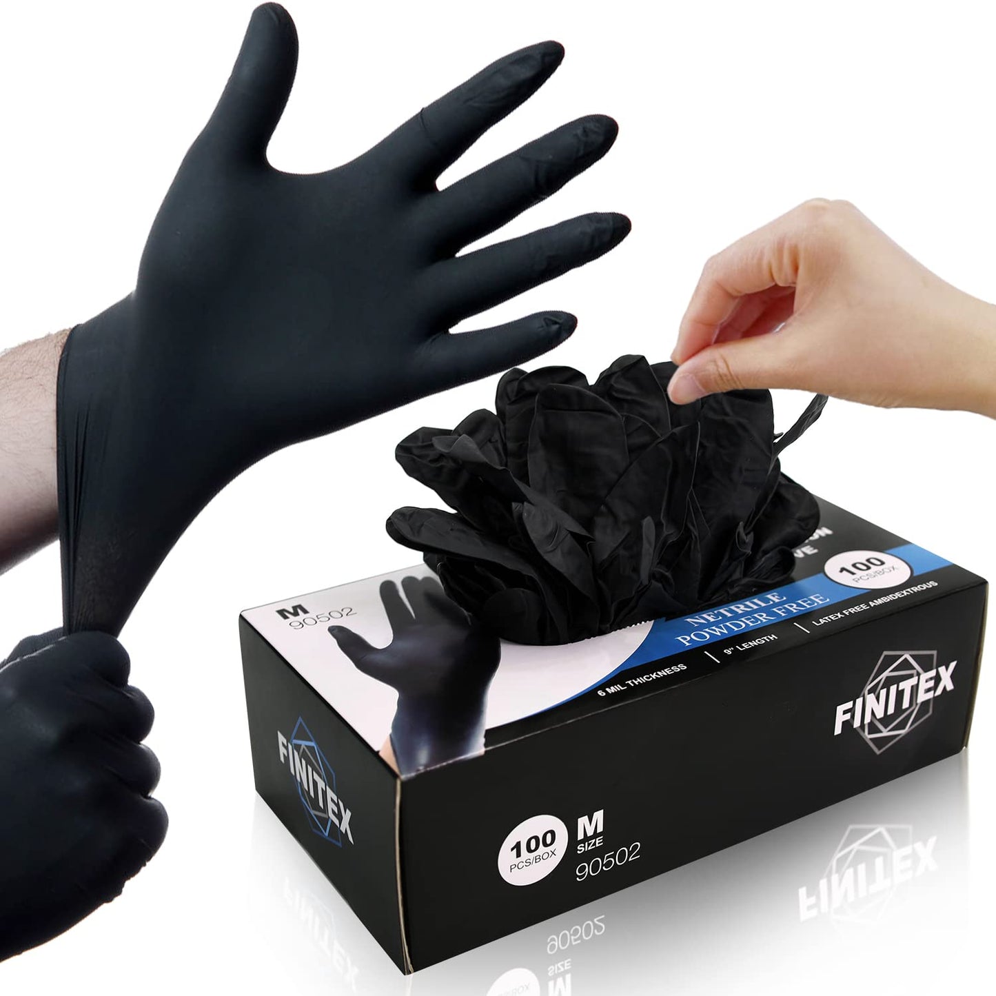 FINITEX Black Nitrile Disposable Medical Exam Gloves - Box of 100 PCS 6mil Powder-Free Latex-Free For Examination Home Cleaning Food Glove (Medium)