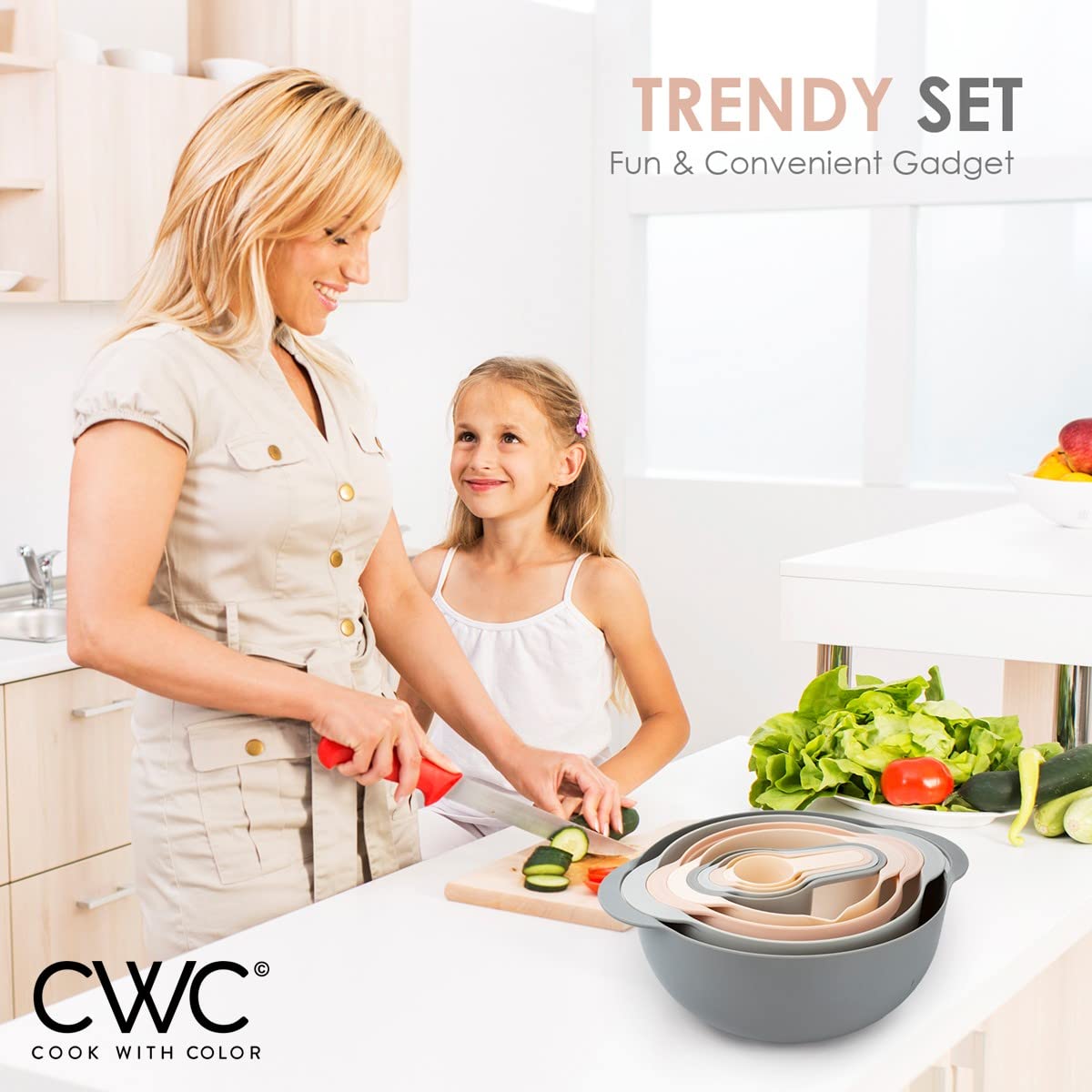 COOK WITH COLOR Nesting Bowls with Measuring Cups Colander and Sifter Set - Includes Mixing Bowls, Colander, Sifter and Measuring Cups, Pink, 8 Pc Bowl