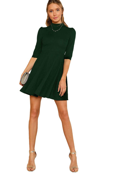 Floerns Women's Mock Neck Short Sleeve Flared A Line Cocktail Dress Green M