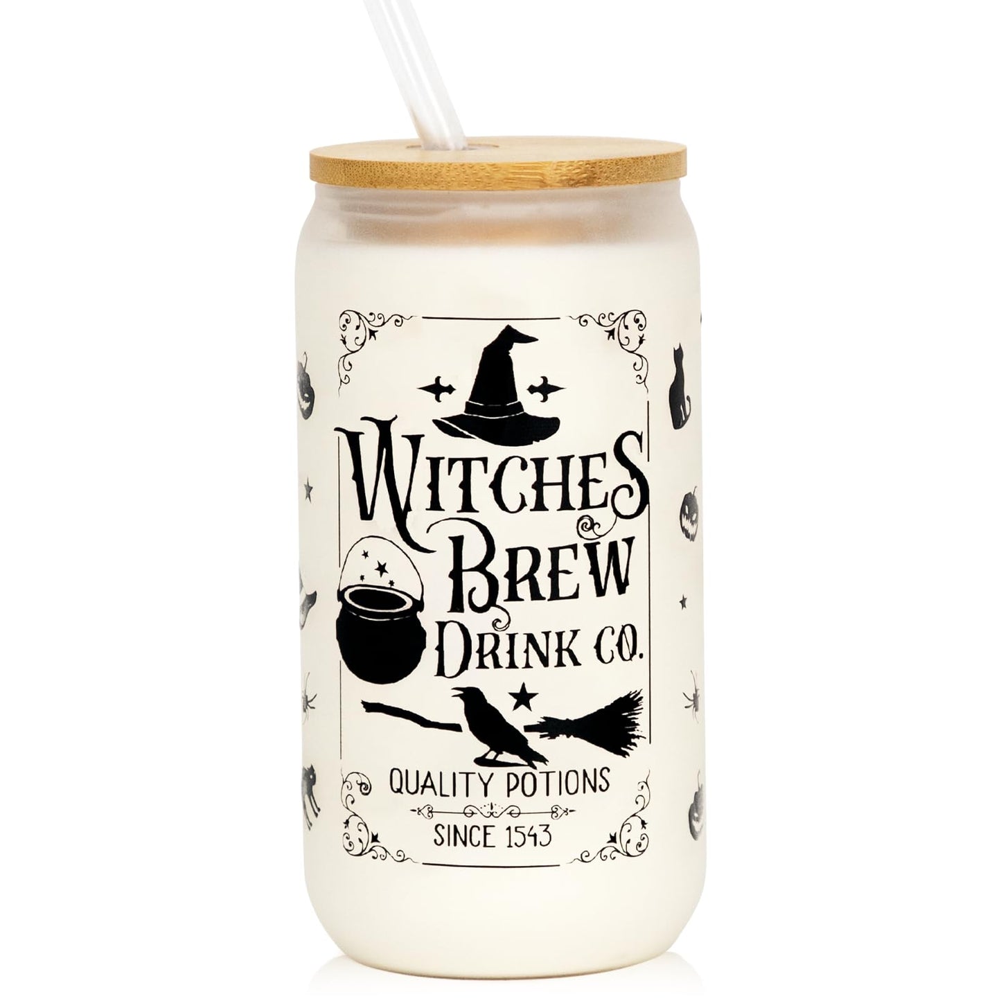 Joyseller Halloween Glass Cup, 18oz Frosted Witch Iced Coffee Can Cup Tumbler with Lid and Straw, Witch Tumbler Beer Can Glass, Halloween Gifts Decorations