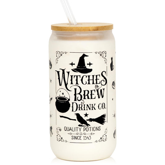 Joyseller Halloween Glass Cup, 18oz Frosted Witch Iced Coffee Can Cup Tumbler with Lid and Straw, Witch Tumbler Beer Can Glass, Halloween Gifts Decorations