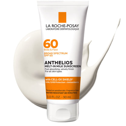La Roche-Posay Anthelios Melt-In Milk Sunscreen SPF 60, Sunscreen For Body & Face, Broad Spectrum SPF + Antioxidants, Oil Free, Lightweight & Fast Absorbing, Oxybenzone Free