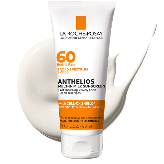 La Roche-Posay Anthelios Melt-In Milk Sunscreen SPF 60, Sunscreen For Body & Face, Broad Spectrum SPF + Antioxidants, Oil Free, Lightweight & Fast Absorbing, Oxybenzone Free