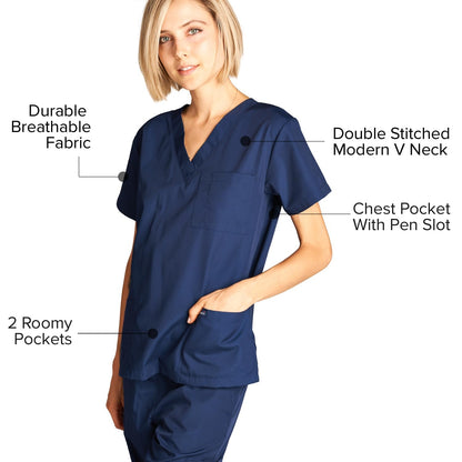 Dagacci Medical Uniform Womens and Mens Scrub Set Unisex Medical Scrub Shirt Top and Pant, Navy, Medium