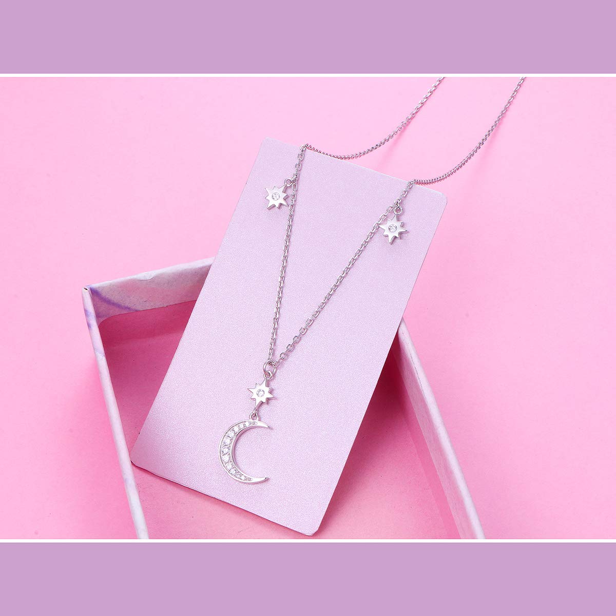 Ladytree S925 Sterling Silver Crescent Moon and Star CZ Pendant Necklace Jewelry,Rolo Chain,18 inches to 20 inches