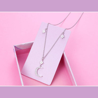 Ladytree S925 Sterling Silver Crescent Moon and Star CZ Pendant Necklace Jewelry,Rolo Chain,18 inches to 20 inches
