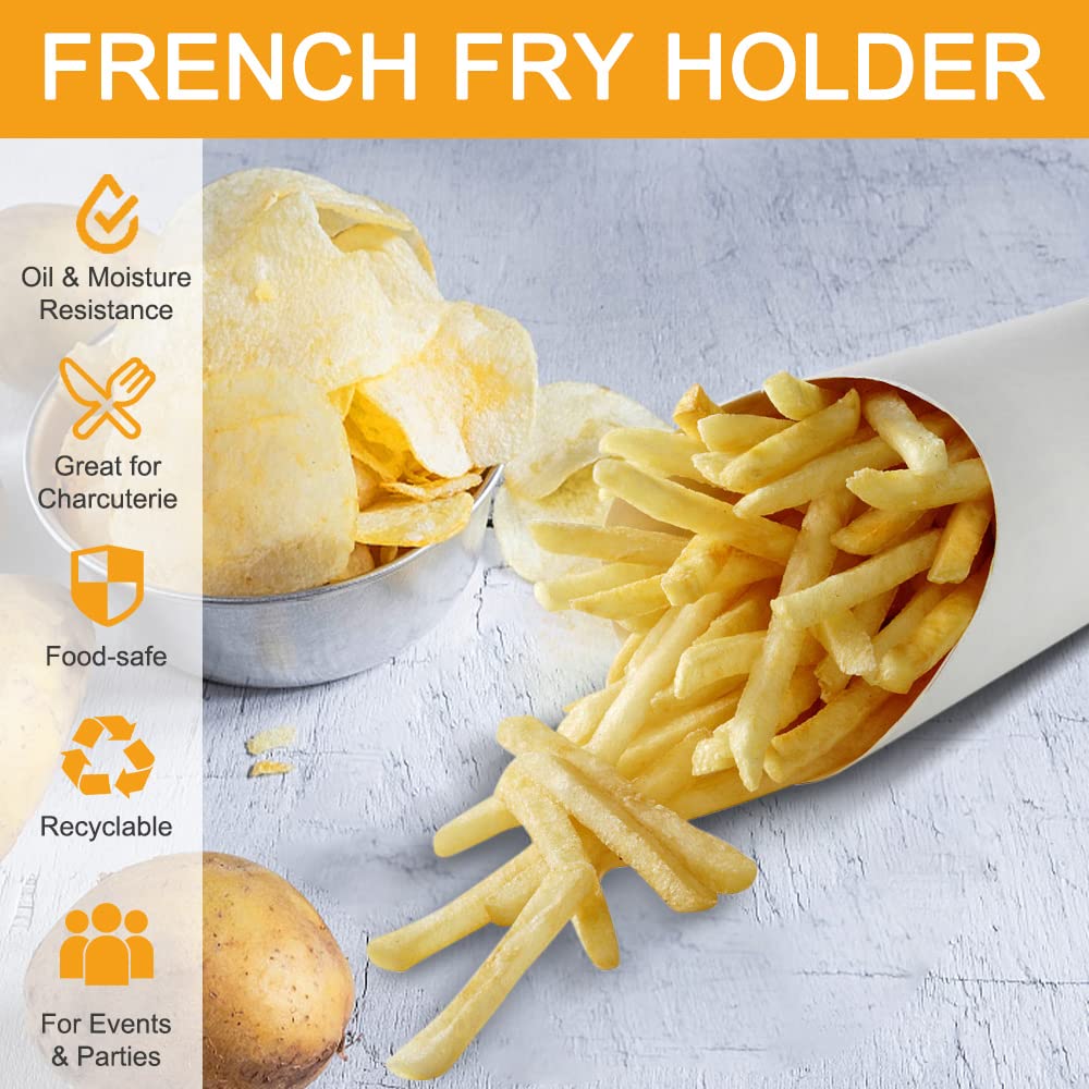 KINGZHUO 50pcs French Fries Holder 14oz Charcuterie Cups Disposable Take-out Party French Fry Cups Waffle Paper Popcorn Boxes Sandwich Paper Cups Holder Wedding Food Trays Paper Cones for Food (White)