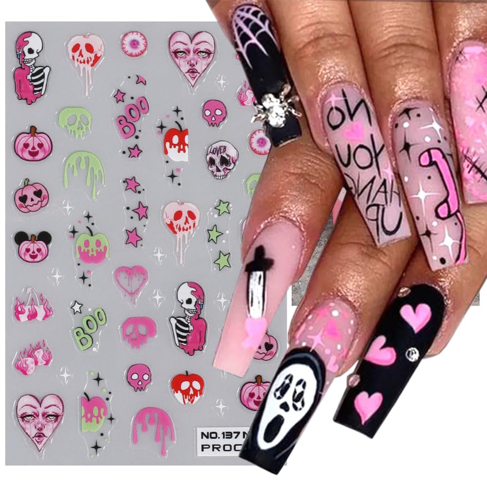 Halloween Nail Stickers, Halloween Nail Art Decals 3D Self-Adhesive Pink Ghost Skull Spider Pumpkin Nail Design DIY Holiday Nail Decoration for Party (6 Sheets)