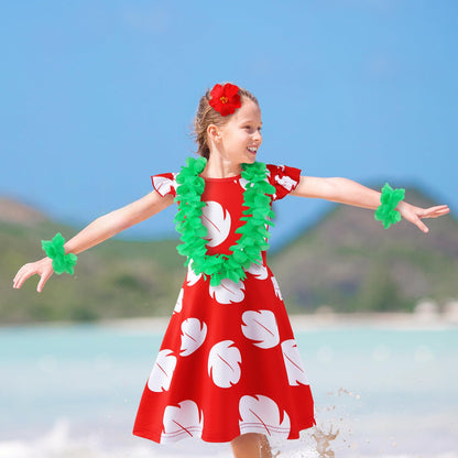 Hawaiian Little Girls Costume Dress with 4 Pcs Luau Flower Leis Accessories Set Red Flower Hair Clips Toddler Halloween Party Cosplay Outfit for 7-8 Years