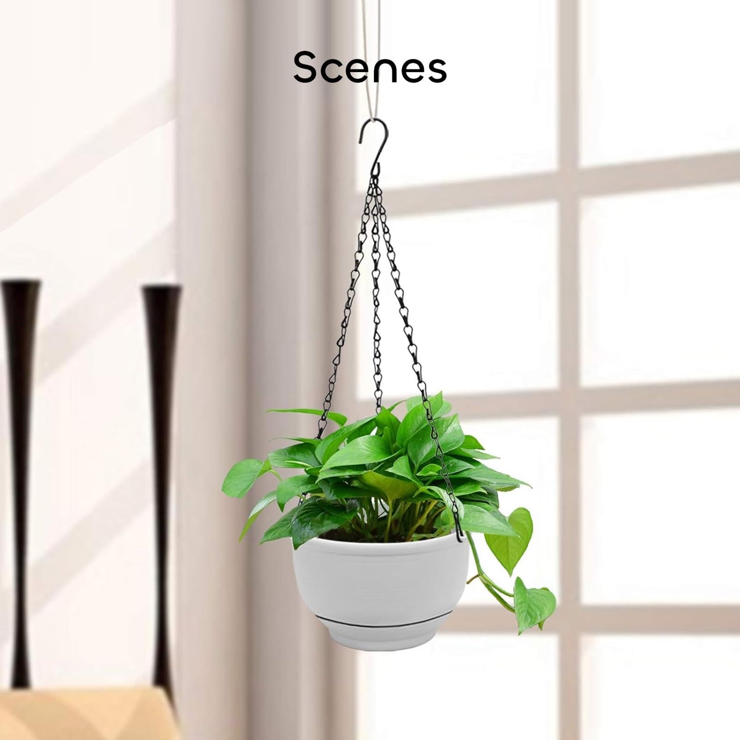 GROWNEER Plastic Hanging Planter 2 Packs 8 Inch Self Watering Pots Plants Hanger Baskets with 6 Pcs Hooks, Flower Pot with Detachable Base for Garden Indoor Outdoor (Grey)