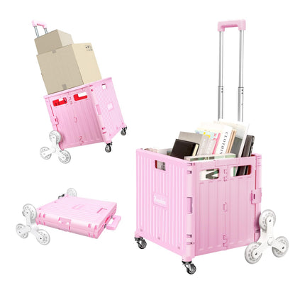 Foldable Rolling Cart for Stair Climbing: Rolling Crate for Grocery File Office Book (Pink)