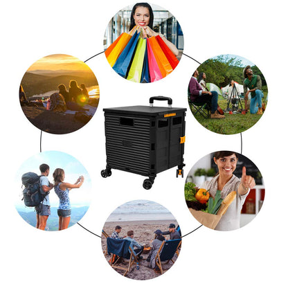 FELICON SELORSS Foldable Utility Cart Folding Portable Rolling Crate Handcart with Durable Heavy Duty Plastic Telescoping Handle Collapsible 4 Rotate Wheels for Travel Shop Move Luggage Office(Black)