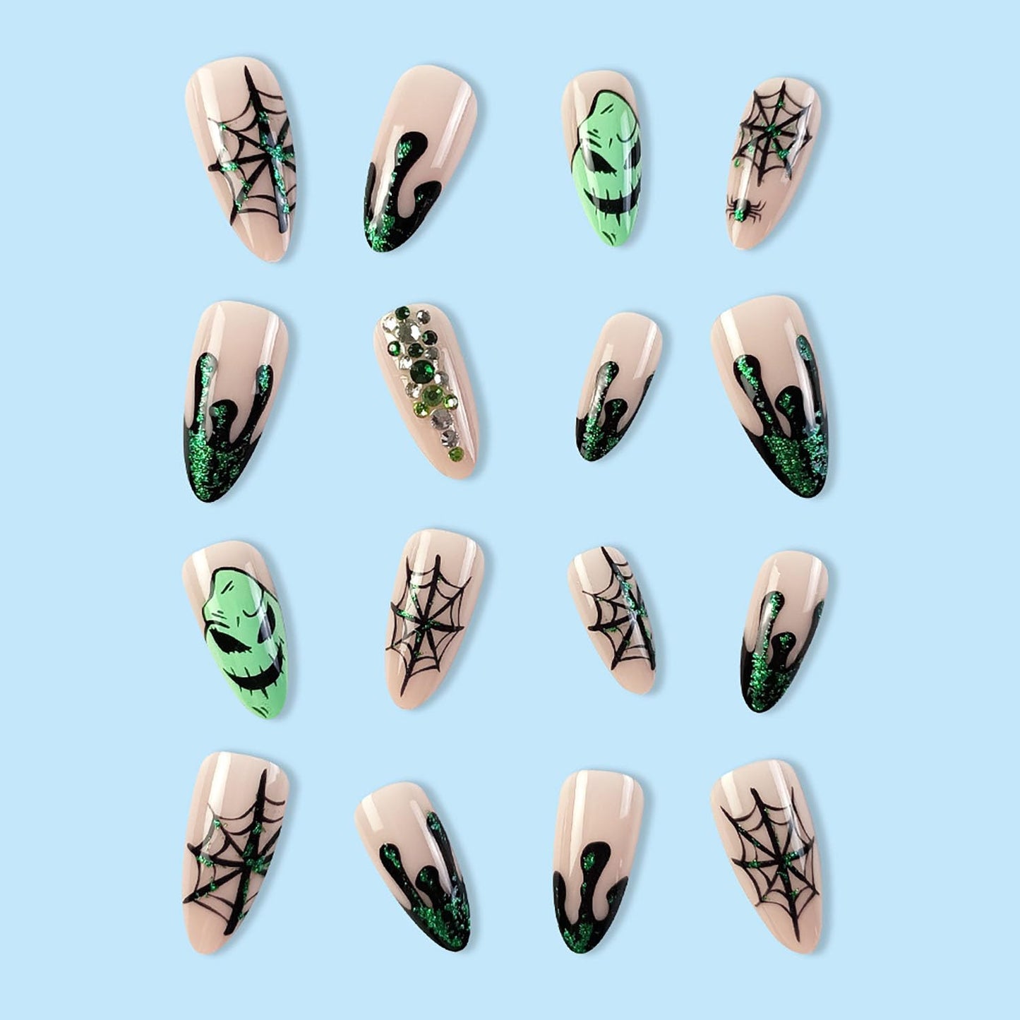 Halloween Press on Nails Medium Almond Fake Nails Nude Full Cover Green Spider Web Nightmare Christmas Nails Rhinestones False Nails with Designs Acrylic Artificial Nails for Women Girls 24Pcs