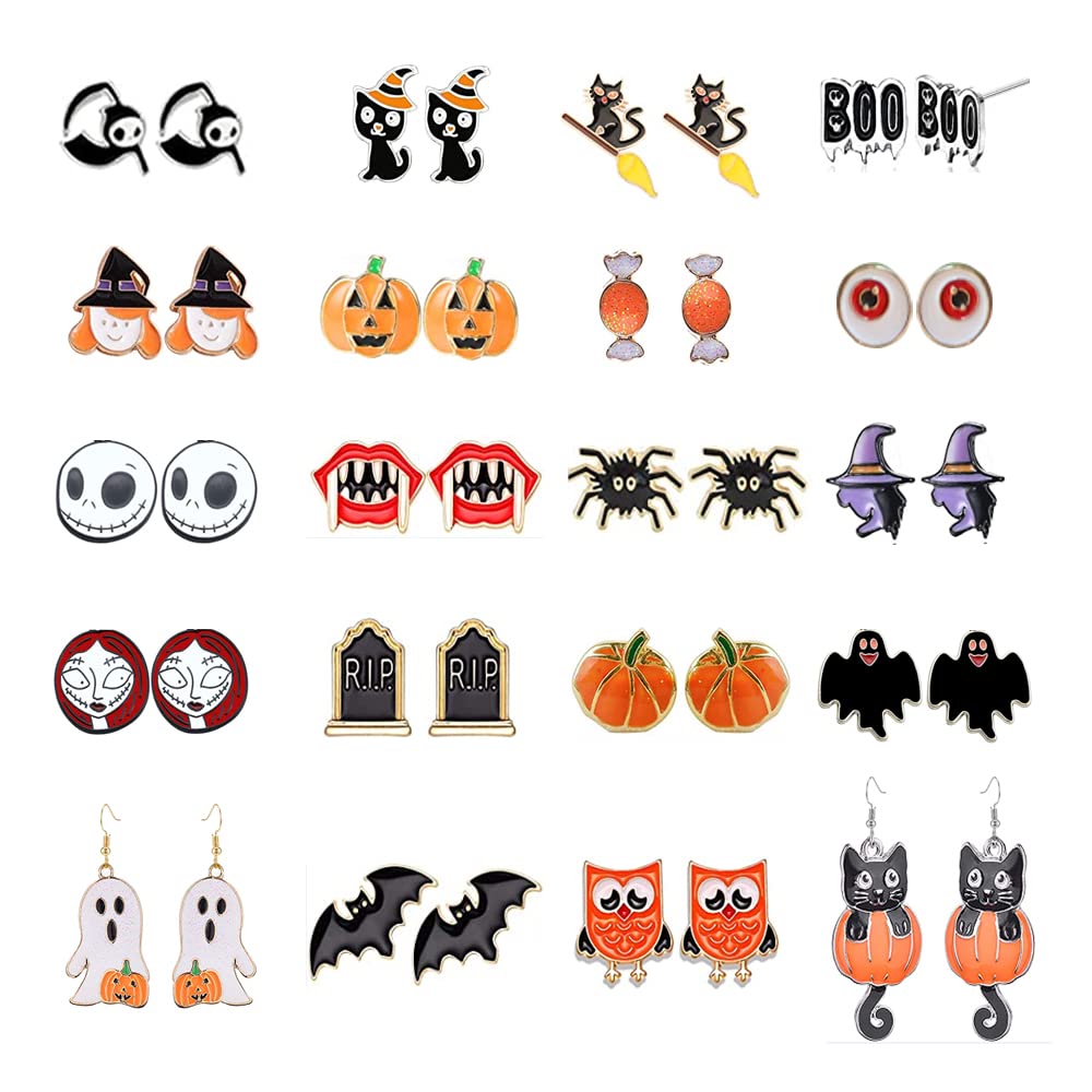 20 Pairs Hypoallergenic Halloween Earrings for Girls Cute Stud Earrings Sets Halloween Earrings for Women Teen Girls Pumpkin Spider Bat Black Cat Ghost Witch Candy Spooky Earrings Halloween Jewelry Fall Earring Set