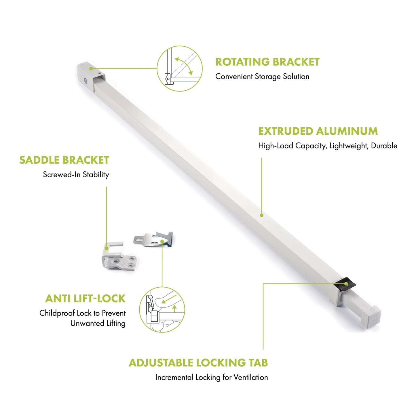 Ideal Security SK110 Patio Door Security Bar with Child-Proof Lock, Adjustable 25-48 inches for Ventilation, White