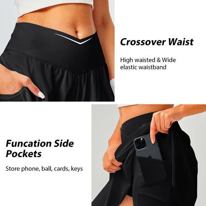 DLOODA Womens Tennis Skirt with Pockets Shorts Crossover High Waisted Athletic Skorts Skirts for Golf Running Workout (Black M)