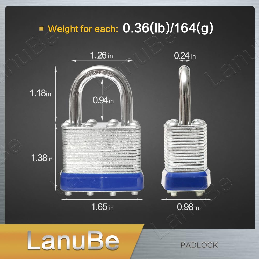 LanuBe Lock Laminated keyed Padlock (1-9/16", 40mm), keyed Alike Locks, Normal Shackle, Marked Blue Plastic Hoop, Pack of 2