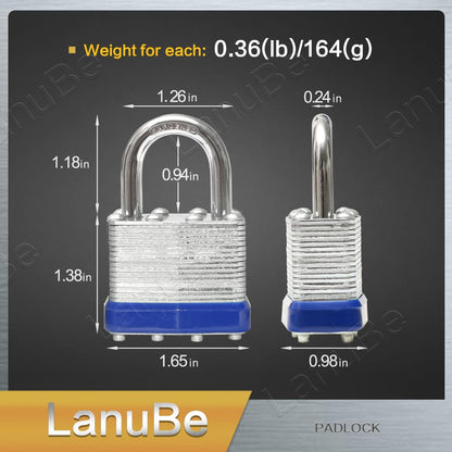 LanuBe Lock Laminated keyed Padlock (1-9/16", 40mm), keyed Alike Locks, Normal Shackle, Marked Blue Plastic Hoop, Pack of 2