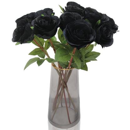 Hananona Black Artificial Roses for Flower Arrangement, 12 Pcs Silk Black Roses Bouquet for Halloween Home Decoration, Faux Black Roses for Halloween and Gothic Decoration