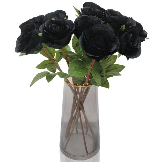 Hananona Black Artificial Roses for Flower Arrangement, 12 Pcs Silk Black Roses Bouquet for Halloween Home Decoration, Faux Black Roses for Halloween and Gothic Decoration