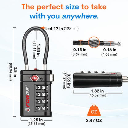 Forge TSA Approved Luggage Locks 4 Digit Combination TSA Travel Locks with TSA008, Open Alert Indicator, Zinc Alloy Body for Luggage, Suitcase, Backpack, and More. Black 2 Locks.