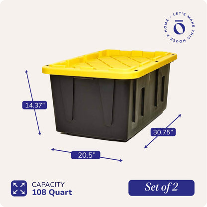 HOMZ 2-Pack Durabilt, Heavy Duty Plastic Storage Bins with Lids, 27 Gallon, Black/Yellow - Stackable Container Boxes for Home, Attic, and Garage Organization