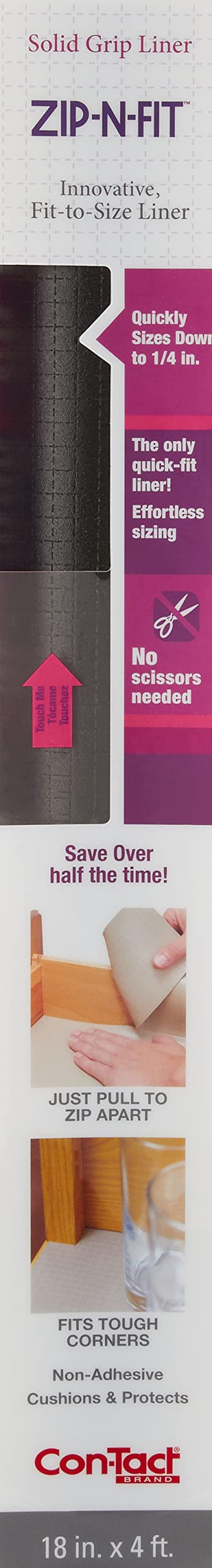 Con-Tact Brand Adhesive Zip-N-Fit Drawer Liner, Solid Grip and Non-Slip Shelf Liner, Suitable to Use in Home, Office, Garage, and More, 18" x 4', Black, Pack of 1