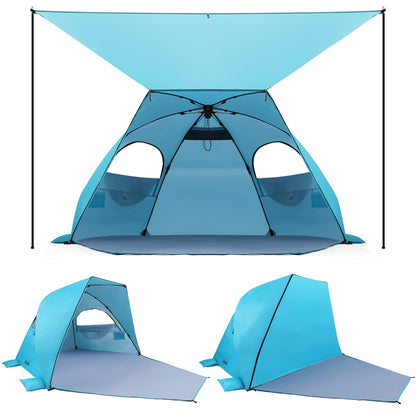 Elegear Beach Tent with Canopy 4-6 Person, 1-Second Umbrella-Style Setup Pop Up Sun Shelter Shade, UPF 50+ UV Protection Four-Layer Silver-Coated Lightweight Portable Beach Cabana - Aqua Blue
