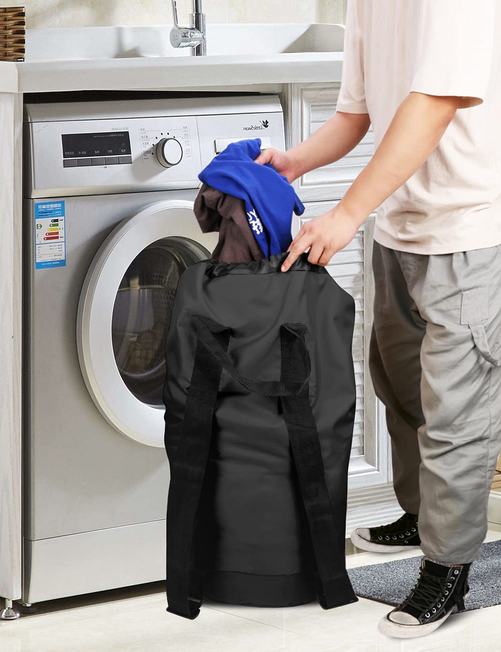 Dalykate Backpack Laundry Bag, Laundry Backpack with Shoulder Straps and Mesh Pocket Durable Nylon Clothes Hamper Bag with Drawstring Closure for College, Travel, Laundromat, Apartment