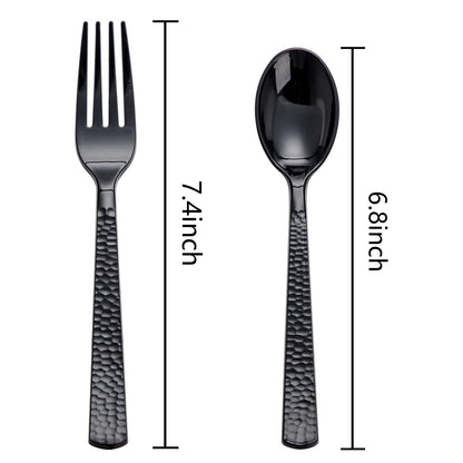 KIRE 400PCS Black Plastic Spoons and Forks Disposable - Black Plastic Silverware Set Disposable Cutlery - 200 Forks, 200 Spoons for Halloween Party/Wedding