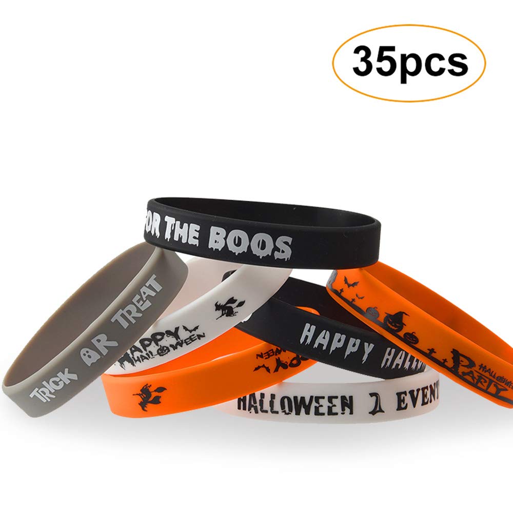 FEPITO 35 Pcs Halloween Wristband Silicone Wristbands 7 Classic Halloween Patterns Rubber Band Bracelets Halloween Trick or Treat Giveaways,Halloween Goodie Bag Fillers