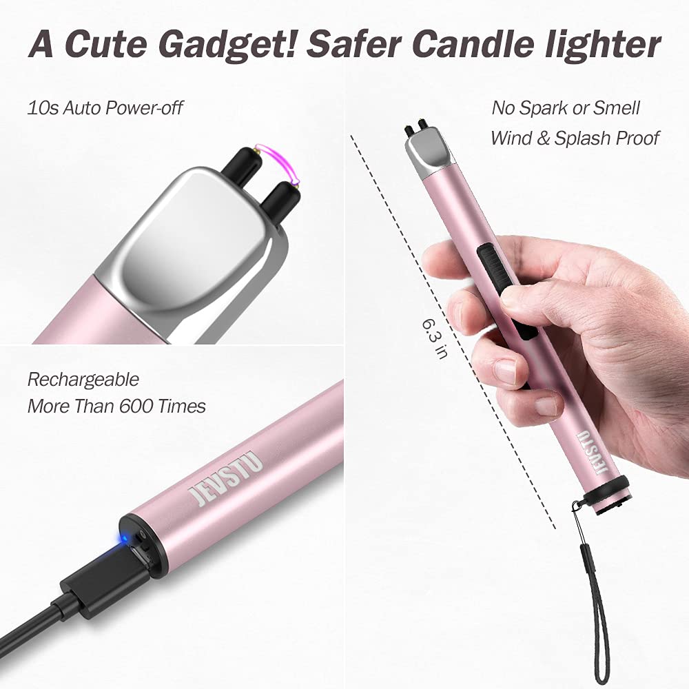 Electric Candle Lighter - Rechargeable USB Arc Windproof Flameless Plasma Lighter With Long Stick, Rope and Ring - No Butane Fluid - Perfect for BBQ, Camping, Kitchen Stove - Pink