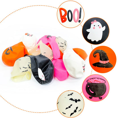 50Pcs Halloween Balloons Decor Girls Halloween Pink Orange Black White Latex Balloon with Ghost Witch Cauldron Bat Printed for Halloween Baby Shower Happy Boo Day Spooky One Two Spooky Party Supplies