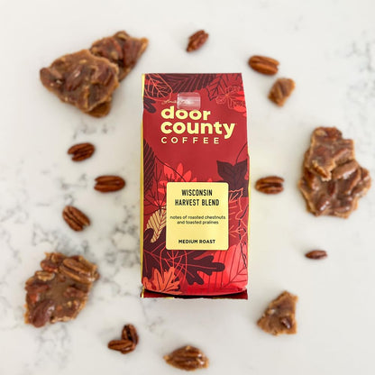 Door County Coffee Wisconsin Harvest Blend Flavored Coffee Ground - 8 oz Bag - Fall Seasonal - Medium Roast - 100% Specialty Arabica - Roasted Chestnuts & Toasted Pralines