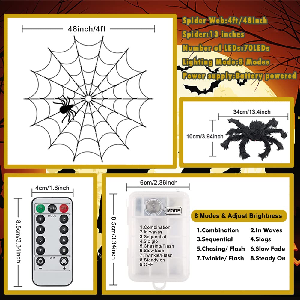 Halloween Decorations Spider Web Lights - 4FT Diameter 70 LEDs with Black Spider, Waterproof Net Lights, Remote Control, 8 Modes Cobweb Halloween Decorations for House Garden Indoor Outdoor (Orange)